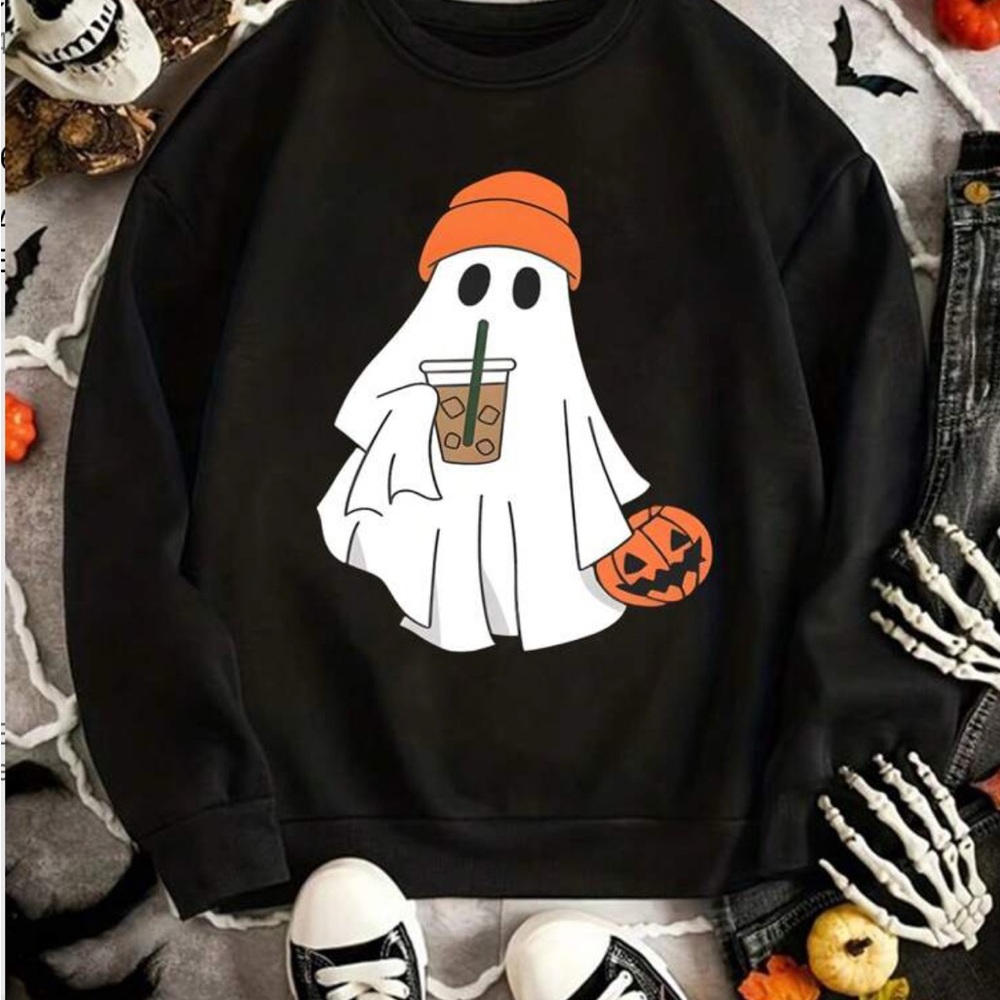 SHEIN Curve Black Ghost Coffee Sweatshirt Halloween